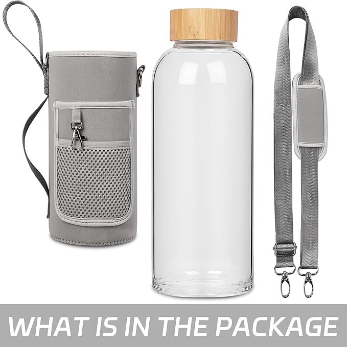 48 oz Sports Borosilicate Glass Water Bottle with Bamboo Lid with Neoprene Sleeve
