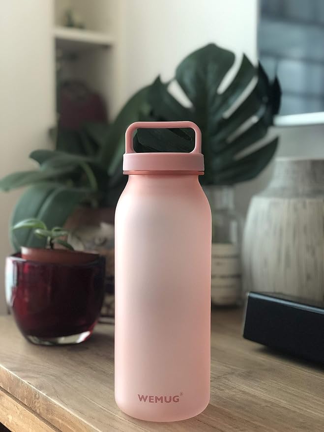 WEMUG Waterbottle 21 oz Easy Carry Handle, Modern Simple Design, BPA-Free, Leak Proof, Durable Plastic, Ultra Light, Handled (pink)