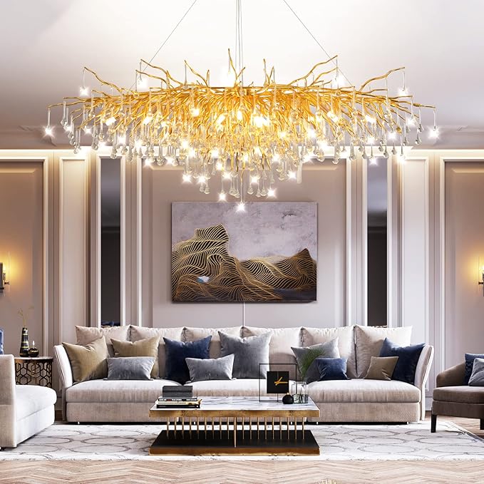 63in Modern Chandeliers, Tree Branch Chandelier Raindrop Crystal Pendant Light Fixtures, Gold Finish Chandeliers Light for Dining Room, Entryway, Living Room, 15-Light