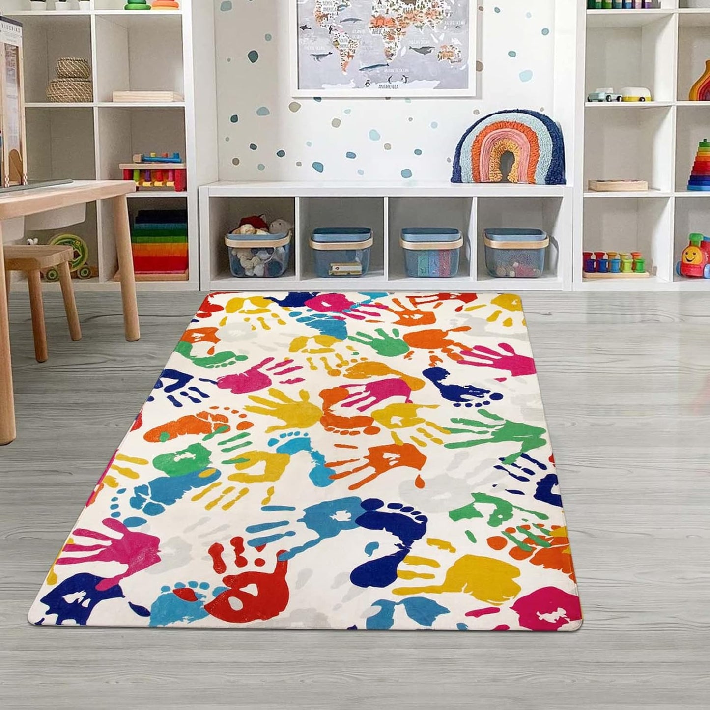 STARUIA Handprints and Footprints Kids Rug Play Carpet, 4'x6' Washable Colorful Area Rug for Nursery Room, Ultra Soft Non-Slip Indoor Play Mat for Bedroom Playroom Classroom