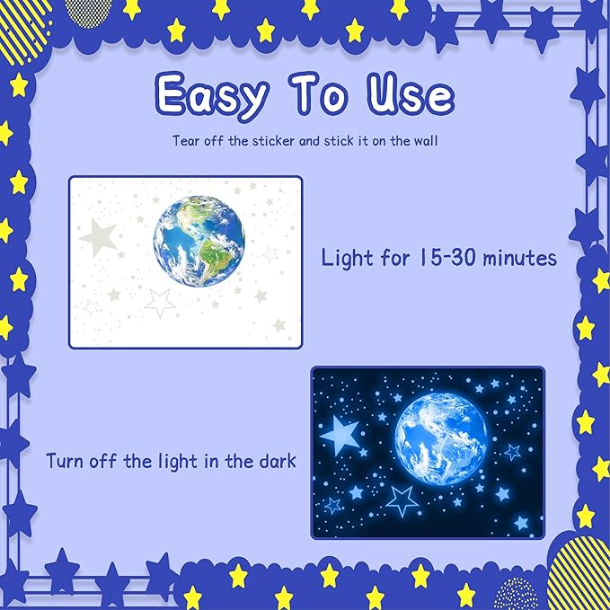 965 PCS Glow in The Dark Stars and Earth for Ceiling, Luminous Stars and Planet Wall Decals, Kids Room Decor, Glowing Galaxy Wall Stickers for Nursery Decorations (Blue)