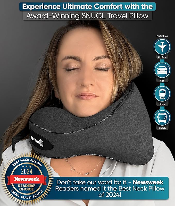 SNUGL Neck Travel Pillow - Memory Foam Airplane Pillow - Flight Pillow | Neck Support Travel Pillow with Carry Bag & Clip | Neck Pillows for Sleeping Travel Plane | Flying Travel Essentials, Dark Grey