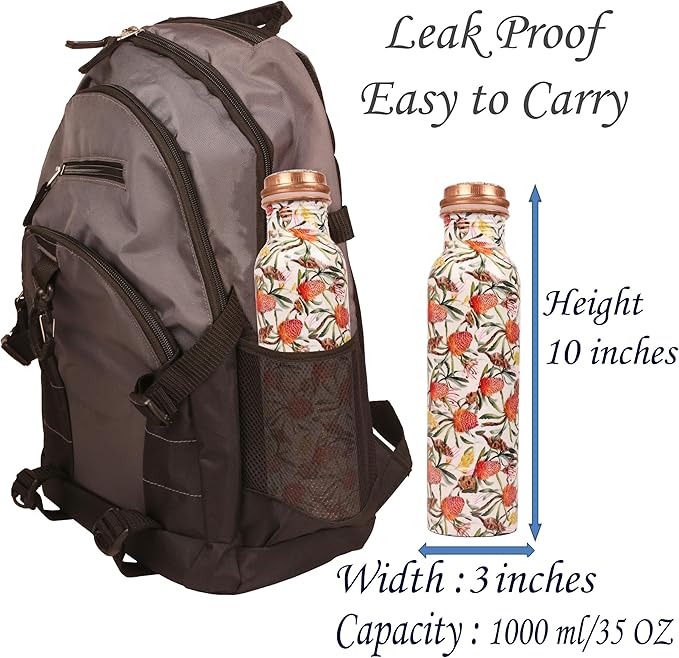 Pure Copper Water Bottle - Handcrafted - Ayurveda Health Benefits -Fruits Prints 35 OZ - Leak proof - Easy to carry For Sports, Fitness, Yoga, School - Vintage Enamel.