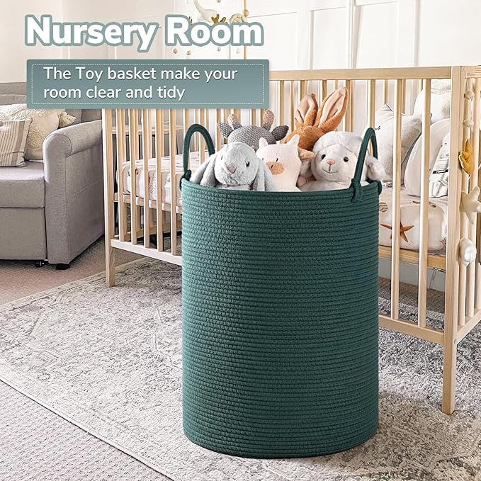 INDRESSME Large Laundry Basket Hamper for Clothes, Woven Rope Storage Basket Baby Hamper for Nursery, Blanket Basket Living Room, Tall Basket Toys Storage Toys Bin, 19.7 x 13.8 inches, Green