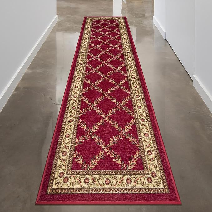 Machine Washable Trellis Design Non-Slip Rubberback 2x5 Modern Runner Rug for Hallway, Kitchen, Living Room, Bedroom, Entryway, 20" x 59", Red Trellis