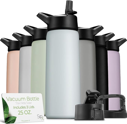 SipX™ Triple-Insulated Stainless Steel Water Bottle 25oz. With 3 Lids, BPA-Free Reusable Insulated Water Bottle Keeps Cold 24 Hours, Metal Water Bottle Made Of Sustainable Material For Hiking & Biking