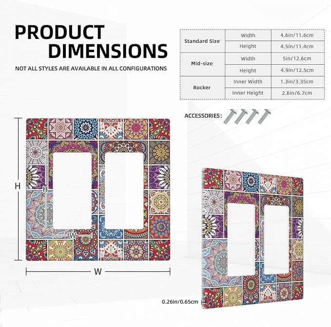 Morocco Talavera Mexican Tiles Printed Colroful Mandala 2 Gang Rocker Decora Light Switch Covers Dual Outlet Covers Wall Plate Decorative Switchplate Electrical Faceplate GFCI for Kitchen Bathroom