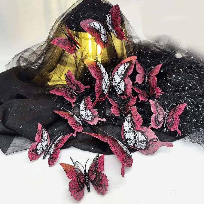 Halloween Wall Stickers 12Pcs Butterfly Wall Decor Red Roses Skull Design Halloween Wall Decorations 3D Butterflys Wall Decals Reusable Wall Stickers Decor for Halloween Home Door DIY Accessories