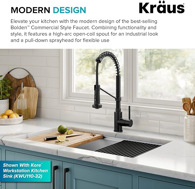 Kraus KPF-1610MB Bolden 18-Inch Commercial Kitchen Faucet with Dual Function Pull-Down Sprayhead in all-Brite Finish, 18 inch, Matte Black
