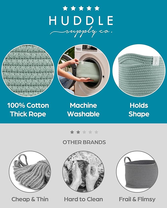 3 WASHABLE Woven Baskets for Storage Baskets for Shelves Large Cotton Rope Baskets for Organizing Decorative Storage Bins Bathroom, Shelves, Toys,Storage Cube Bins, Small Baskets (Sage Green)