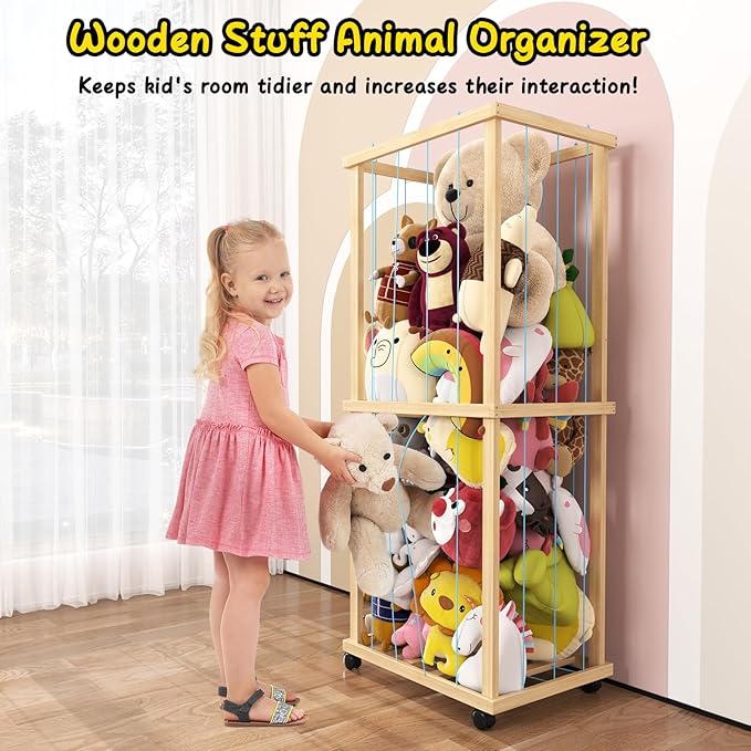 Stuffed Animal Zoo Storage Cage 55" Wood Large Stuffed Animal Storage Basket, Toy Storage for Big Small Stuffed Animals