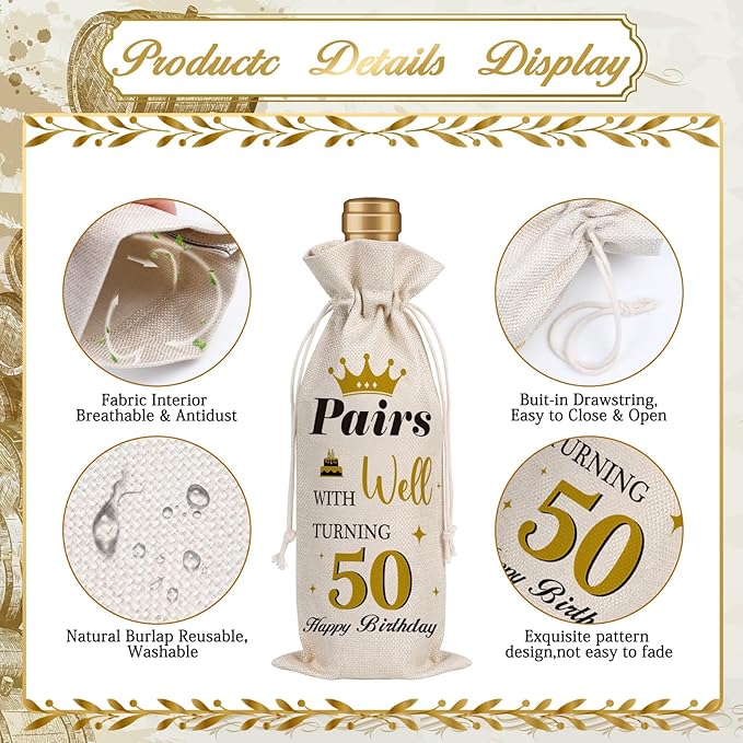 Wxiben 50th Birthday Wine Bags - 1pcs 1974 Wine Gifts for Women Men 50 Year Old Burlap Wine Gift Bag Over the Hill 50th Birthday Party Decorations for Mom Dad Grandma Coworker Birthday Gift