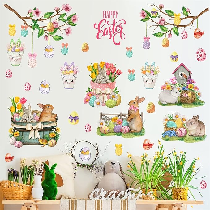 Happy Easter Wall Stickers Bunny Rabbit Wall Decals Peel and Stick Wall Art Decal Easter Egg Wall Decal Spring Flower Tree Branch Window Clings for Kids Room Nursery Living Room Kitchen Decor Gifts