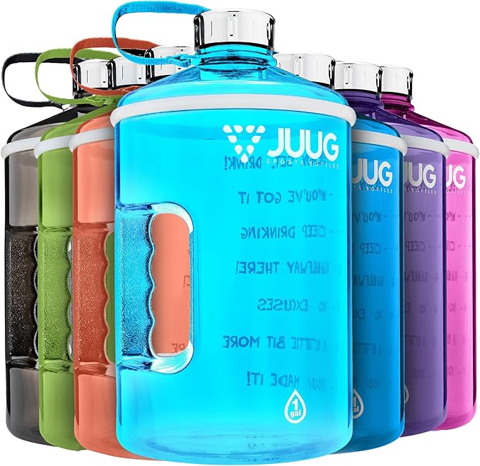 JUUG 1 Gallon Water Bottle with Times to Drink - Gallon Water Jug with Handle - 128oz Leakproof BPA Free Bottle for Gym Fitness- One Gallon Water Bottle with Motivational Time Markers