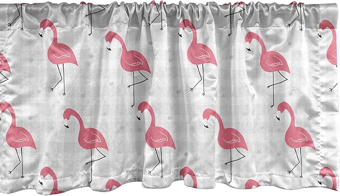 Ambesonne Pink Flamingo Window Valance, Cartoon Birds on Pastel Colored Checkered Background Wild Nature, Curtain Valance for Kitchen Bedroom Decor with Rod Pocket, 42" x 12", Pale Grey Coral Black