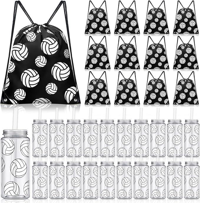 20 Pack Volleyball Cups with Lid and Straw 14.2 oz Reusable Tumbler Clear Plastic Drinking Cups with 20 Pack Drawstring Bag for Birthday School Sport Decorations Party Supplies