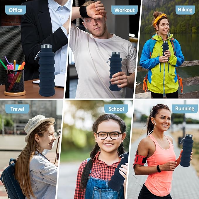 Collapsible Water Bottles 12oz, Odorless BPA-Free Silicone, Leak-Proof Foldable Reusable Bottle - Perfect for Travel Sports Gym Hiking Camping Cycling - Dark Gray