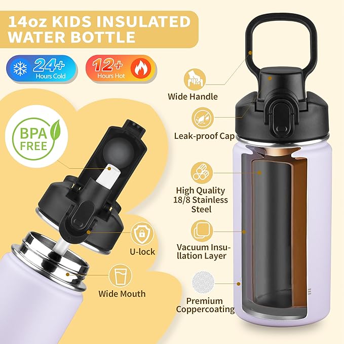 Kids Insulated Water Bottle with Straw,14oz Stainless Steel Water Bottle,BPA-free and Leak-proof,Double Wall Vacuum Water Flask for School,Gifts for Boys and Girls（14oz,Lavender）