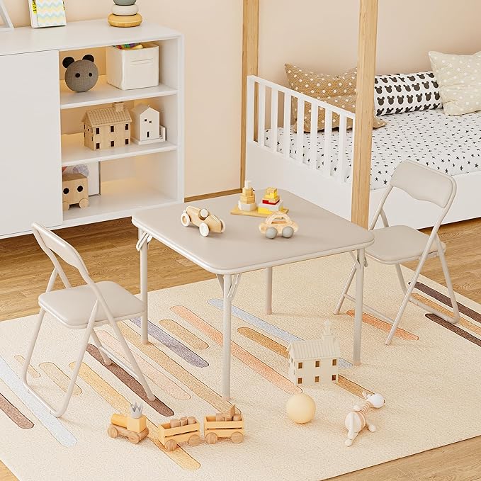 IDEALHOUSE Boys and Girls Folding Table and Chairs Set of 3, Portable Table and Chair with Pu Soft Cushion,Suitable for Eating,Reading and Playing
