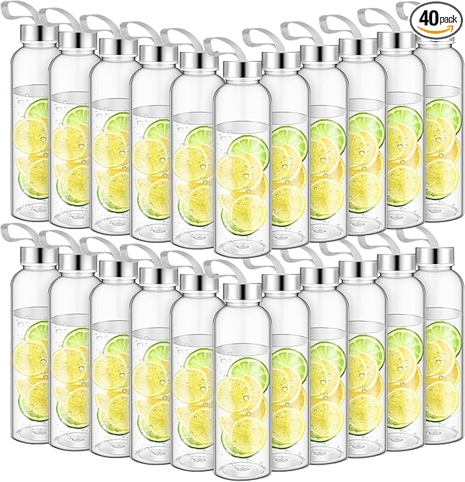 Zubebe 40 Pcs 17 oz Reusable Water Bottles Bulk Clear Bottles with Stainless Steel Leak Proof Lids Acrylic Bottles with Nylon Carrying Strap Shaker Bottles for Water, Milk, Smoothie, Juice Beverage