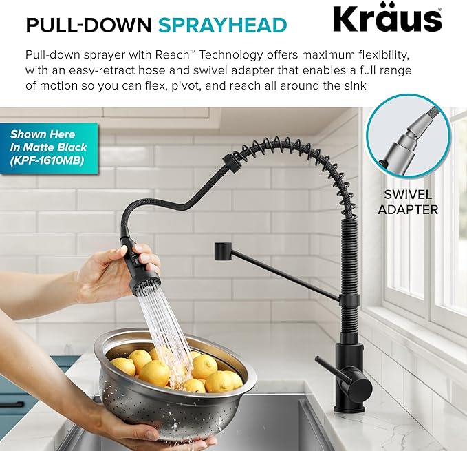 Kraus KPF-1610SSMB Bolden 18-Inch Commercial Kitchen Faucet with Dual Function Pull-Down Sprayhead in All-Brite Finish, Stainless Steel/Matte Black