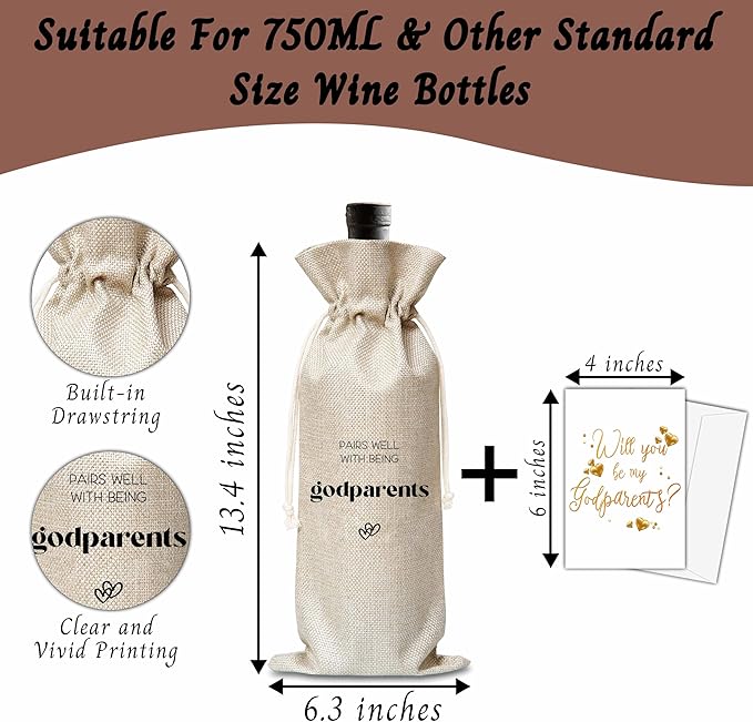 Xanev Godparents Wine Gift Bag For Women Man, Godparents Proposal Gifts, Pairs Well With Becoming Godparents Wine Bag, Baptism Gifts For Godmother Godfather, Birthday Wine Party Favors Decor, B08