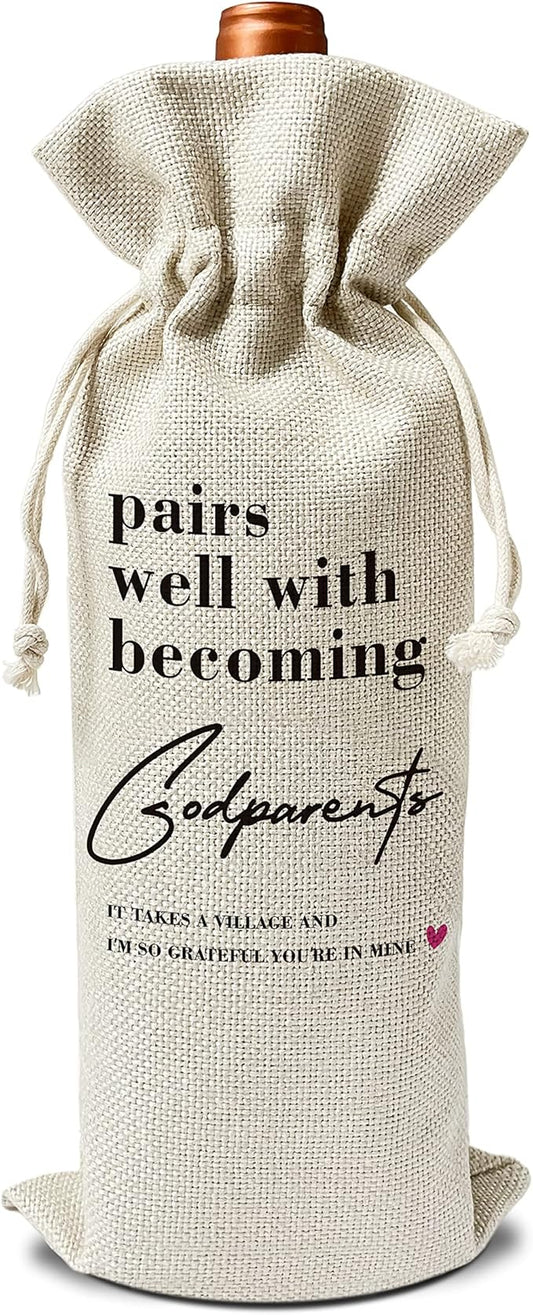 Godparents Wine Gift Bags - Gift for Godmother, Godfather, Aunt, Uncle, Baptism - Reusable Burlap With Drawstring Gift Bag (5.5"x 13.5")-1 Pcs/jiu060