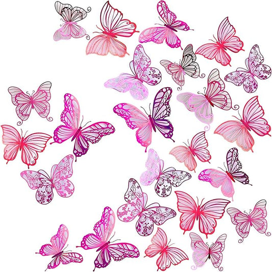 3D Butterfly Wall Decor 3 Sizes 4 Styles, Kurilai 48Pcs Butterfly Decorations Party Birthday Cake Decoration, Removable Wall Stickers for Kids Nursery Wedding Bedroom Room Decor (Pink)