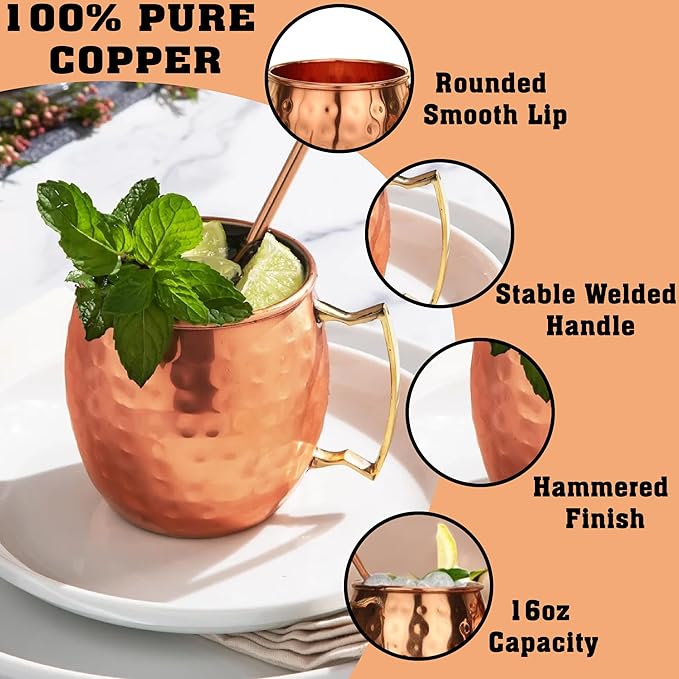 Moscow Mule Copper Mugs - Set of 4 Mug with Shot Glass 100% Handcrafted 16 oz Set with Premium Quality Cocktail Copper Straws and Jigger! - Pure Solid Mugs 4 Perfect Cocktail Mug