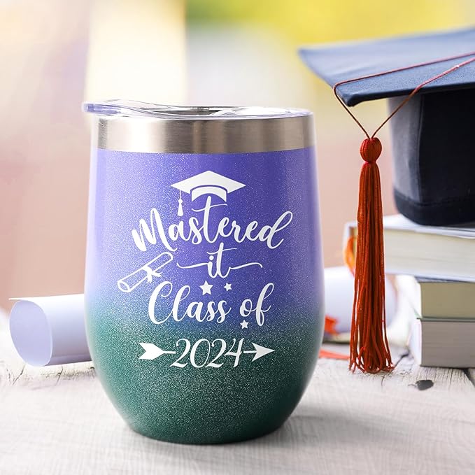 Lifecapido Graduation Gifts, Mastered it Class of 2024 12oz Wine Tumbler with Keychain, 2024 High School College Masters Degree PHD Graduation Gifts for Her Graduates Friends Classmates, Gradient