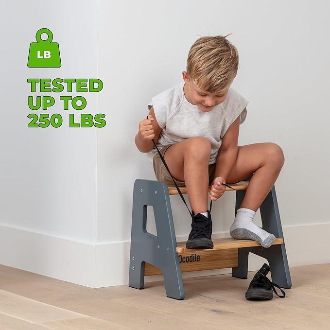 Wooden Step Stools for Kids - Sturdy, Non-Slip, Non-Tip Toddler Step Stool for Bathroom Sink for Your Little Girl or Boy - Gray