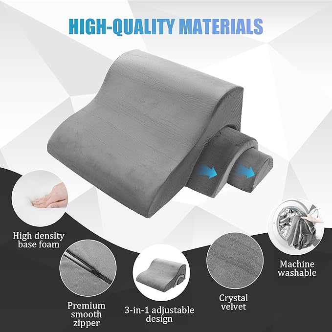ROYALAY 3 PCS Adjustable Wedge Pillow for Sleeping, 3-in-1 High-Density Foam Wedge Pillow Set, Sleeping Wedge Pillow for Adults, Incline Bed Wedge Pillow for Back, Neck, Leg Support, Acid Reflux, grey