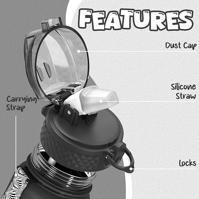 OLDLEY Kids Water Bottle for School, 17 oz (Straw Lid) BPA-Free Reusable Leak-proof Durable Tritan Plastic Water Bottles with One-handed Opening Straw Lids, Anti-dust Spout Cover (Black)