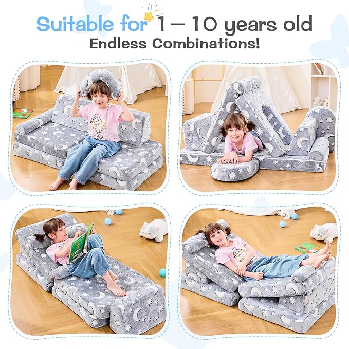 Modular Kids Play Couch,Toddler Couch Kids Sofa,Child Sectional Sofa,Bedroom and Playroom Furniture for Toddlers,Convertible Foam and Floor Cushion for Boys and Girls,Glow in The Dark,Star