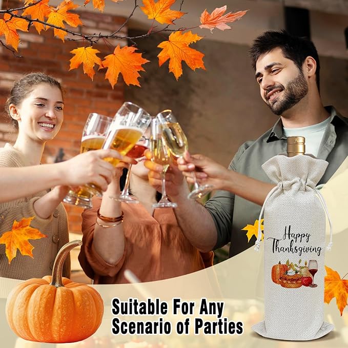Pumpkin Wine Canvas Bag, Thanksgiving Wine Gift Bag, Thanksgiving Gifts for Men Friends Autumn Harvest Party Wine Bags for Wine Bottles, Wine Gifts With Drawstring Holiday Fall Party Decoration -WB39