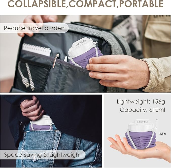 INNERNEED Collapsible Drinking Water Bottle with Straw, Reuseable Leakproof BPA Free Silicone Foldable Sports Gym Bottle, with Carrying Strap (1pack, Purple)