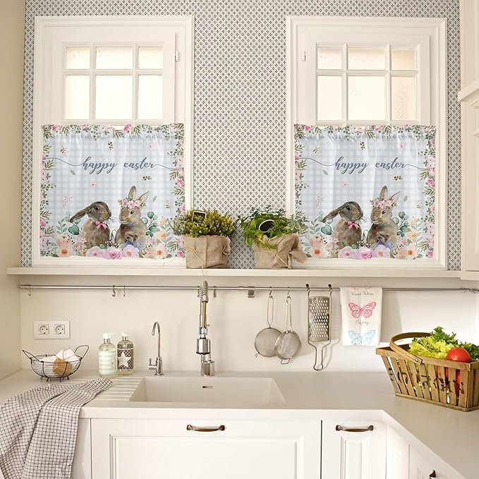 Rabbits Flowers Easter Kitchen Curtains and Valances Set,Eucalyptus Leaf Spring Summer Window Tiers Grey White Buffalo Plaid Half/Short Curtains for Small Windows Cafe /Living Room/ Bedroom 54x 36 in