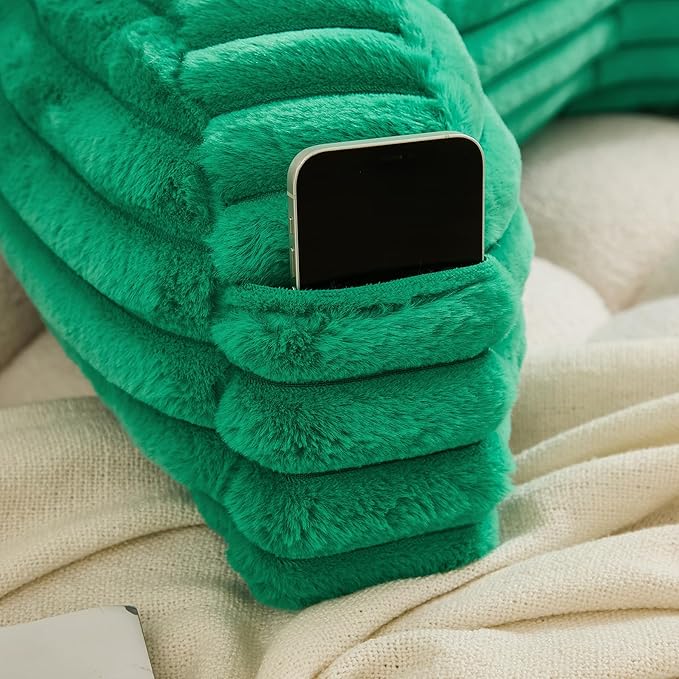 WERDIM Reading Pillow for Sitting in Bed, Faux Fur Back Pillow for Bed Rest, Bed Chair Pillow with Arms and Pockets(Large, Emerald)