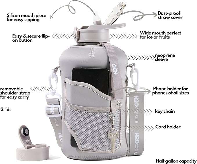 H2O Capsule 2.2L Half Gallon Water Bottle with Storage Sleeve and Removable Straw – BPA Free Large Reusable Drink Container with Handle - Big Sports Jug, 2.2 Liter (74 Ounce), Ashville