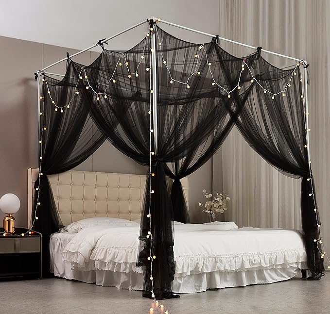 Mengersi Canopy Bed Curtains Bed Canopy with Lights for Girls, Bed Netting Unique Style 4 Door Mosquito Net for Adults Women Bedroom Decor (Black+Lights, Full/Queen)