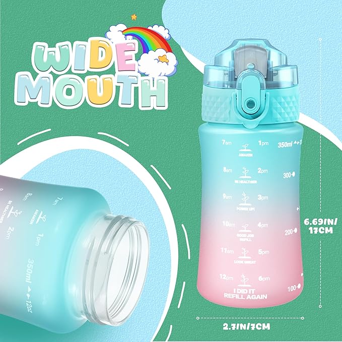 OLDLEY Kids Water Bottle for School, 12 oz (2 lids) BPA-Free Reusable Leak-proof Durable Tritan Plastic Water Bottles with Straw & Chug Lids, Anti-dust Spout Cover (Tulips)