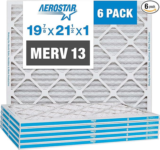 Aerostar 19.875x21.5x1 MERV 13 - 6 Count - Pleated HVAC, Furnace & Air Conditioner Filters - For Bacteria, Dust, Cold & Flu Germs, Lint, Mold, Pet Dander, Allergy-Causing Pollen, Smog, Smoke & Viruses