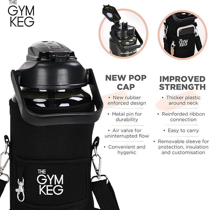 THE GYM KEG Water Bottle with Carrying Strap - Black, 74 oz Bottle Jug with Neoprene Sleeve - BPA-free - Food-Grade - Sweat & Leak Proof - Reusable Water Jug for Workouts, Jogging, Travel, Gym