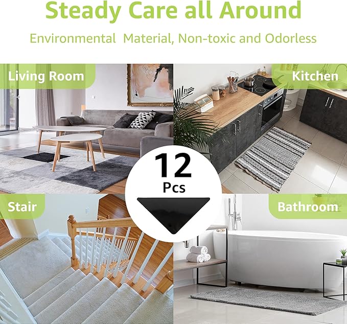 Rabenda 12 Pcs Grippers, Non Slip Rug Pads for Hardwood Floors and Tiles, Reusable and Washable Tape for Area Rugs, Dual Sided Adhesive Gripper Keep Corners Flat(Black)