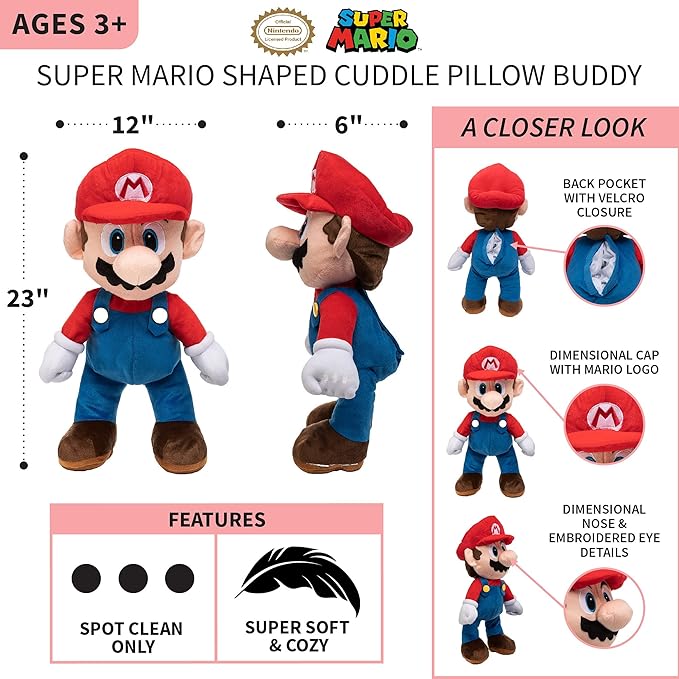Super Mario Kids Bedding Super Soft Plush Cuddle Pillow Buddy, One Size, By Franco