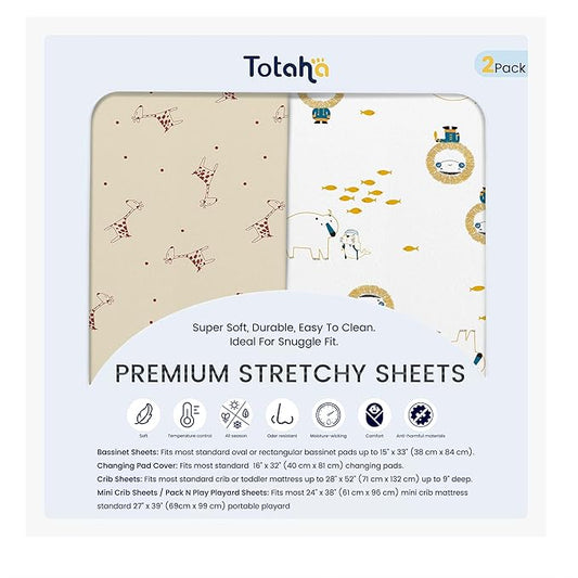 TotAha Crib Sheets for Boys Girls, Premium Soft Crib Mattress Fitted Sheet, Super Stretchy Jersey Knit Baby Sheets, Silky Comfort Baby Bed Sheets 28x52x9 Extra Deep Pocket, 2 Pack (Cute Deer & Sheep)