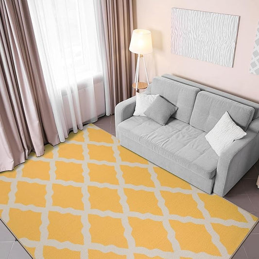 Machine Washable Moroccan Trellis Design Non-Slip Rubberback 5x7 Traditional Indoor Area Rug for Living Room, Bedroom, Dining Room, 5' x 6'6", Yellow