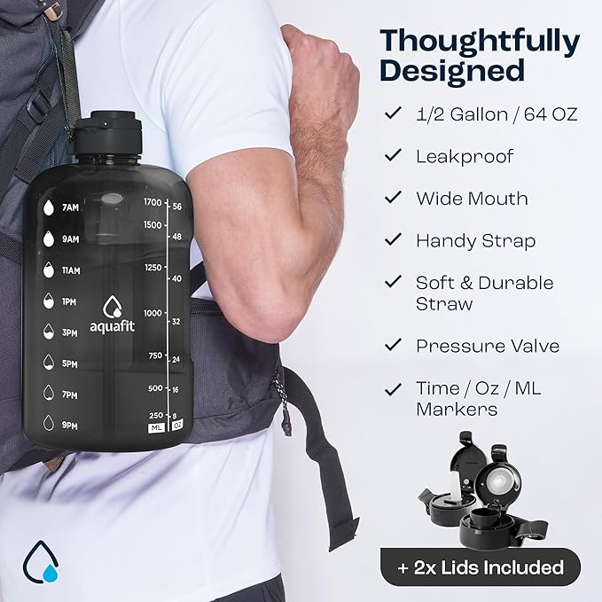 AQUAFIT 64 oz Water Bottle with Time Marker - BPA Free Half Gallon Water Bottle with Straw - Gym Water Bottle with Handle, Gallon Water Jug, Big Water Bottle, Large Water Bottle (Green, 2 Lids)