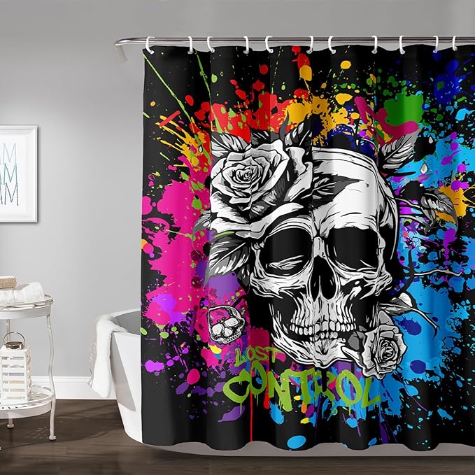 AILONEN Rose Skull Shower Curtain for Bathroom,Colorful Graffiti Art Bathroom Curtain for Kids Boys Girls,Bath Curtain 72" W*84" H Polyester Waterproof Bathroom Curtain with 12 Hooks