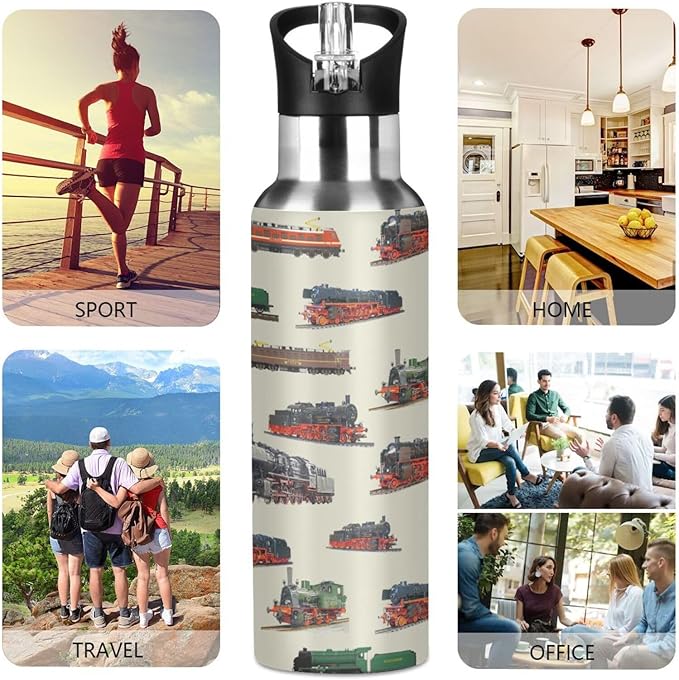 Train Stainless Steel Water Bottle with Straw Lid - 20 Oz Sports Insulated Water Bottle Thermos for Sport Gym Outdoor Travel School